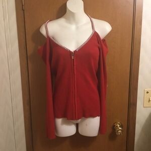 Venus Ribbed V neck  Long Sleeve Red Knit Top with Silver Rhinestones Accents M